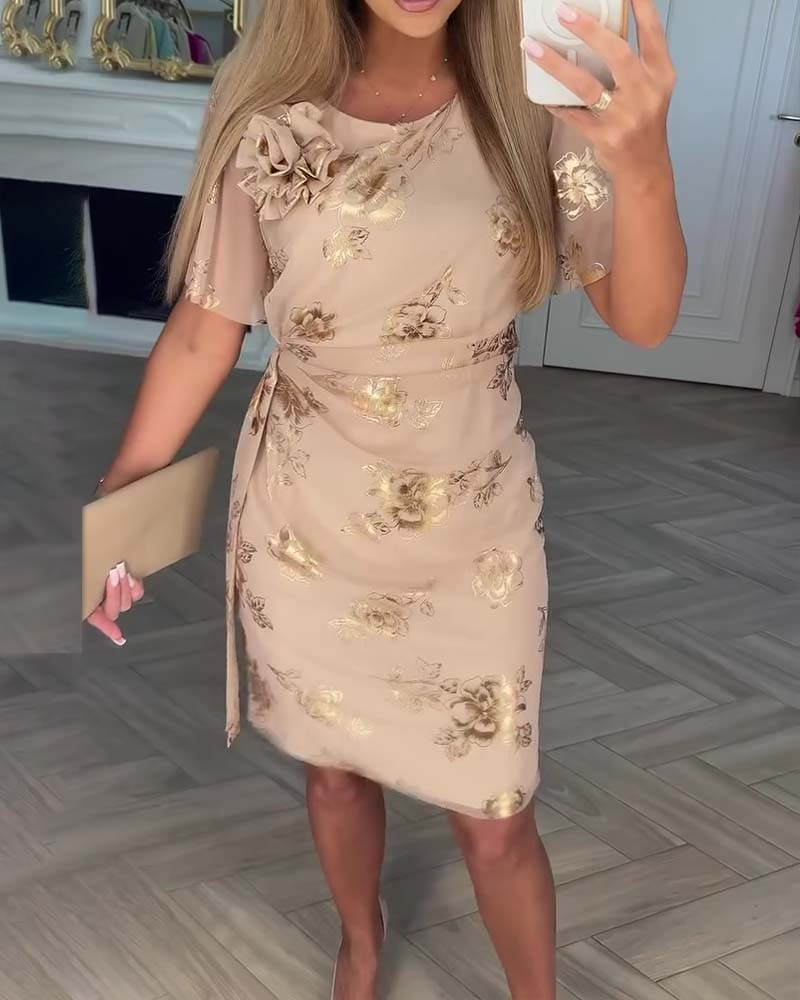 Dorevina - Elegante dames jurk met bloemenprint, korte mouwen en getailleerde pasvorm