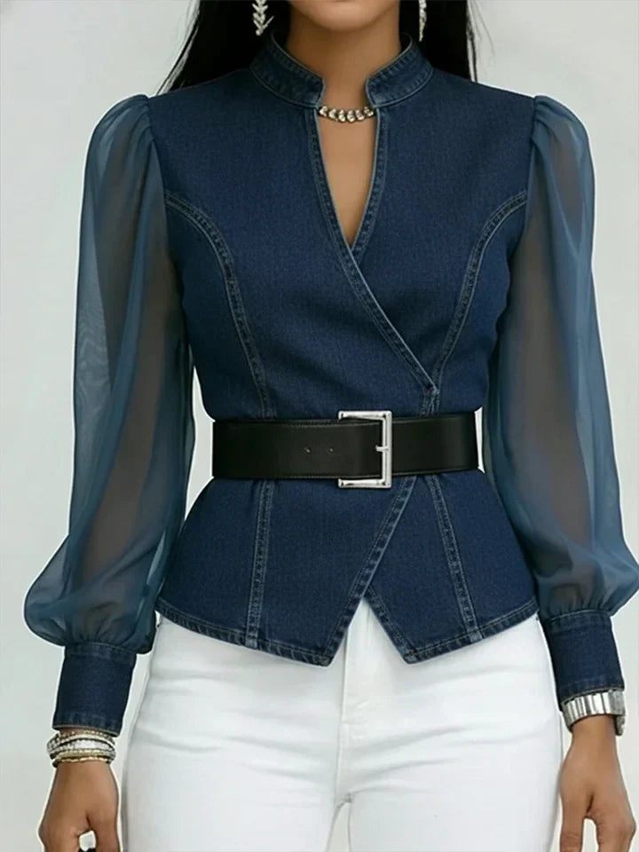 Quinellea - Elegante Denim Blouse met Structuur