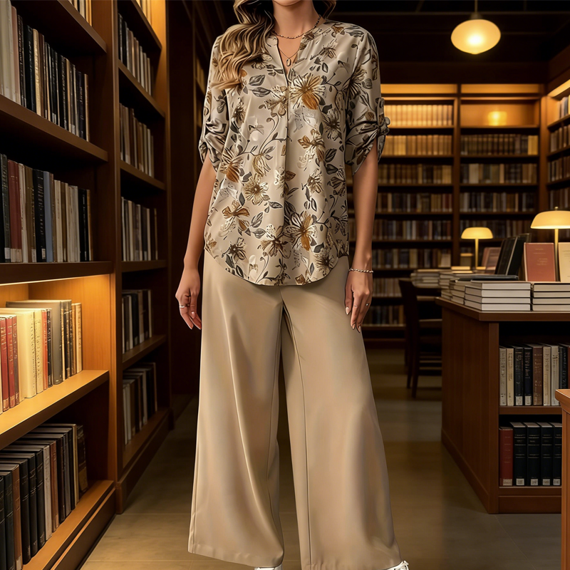 Cynellea - Dames set met bloemenblouse en chique luchtige broek voor dagelijks gebruik