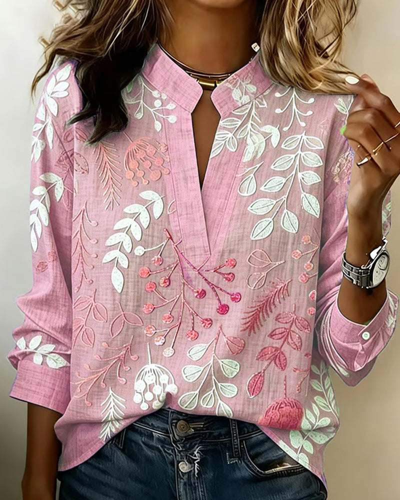 Drynora - Damesblouse met bloemenprint open kraag lange mouwen elegante stijl