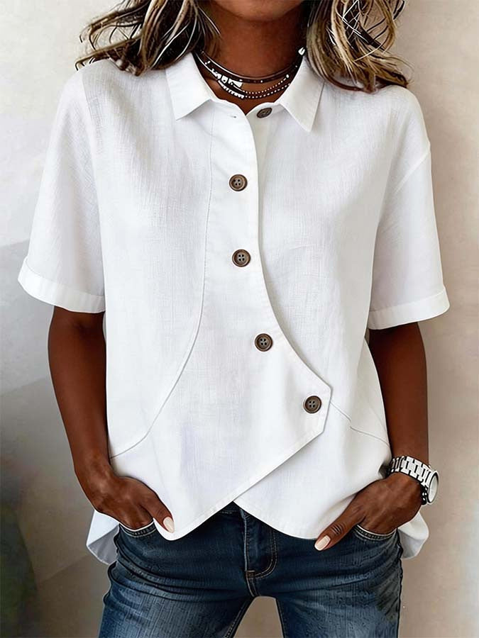 Aurelyth - Asymmetrische damesblouse met knopen en elegante gestructureerde kraag