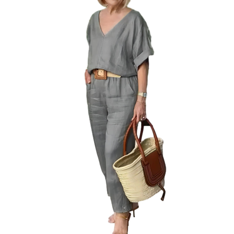 Loxaria - V-hals dames set met broek en zakken in casual stijl