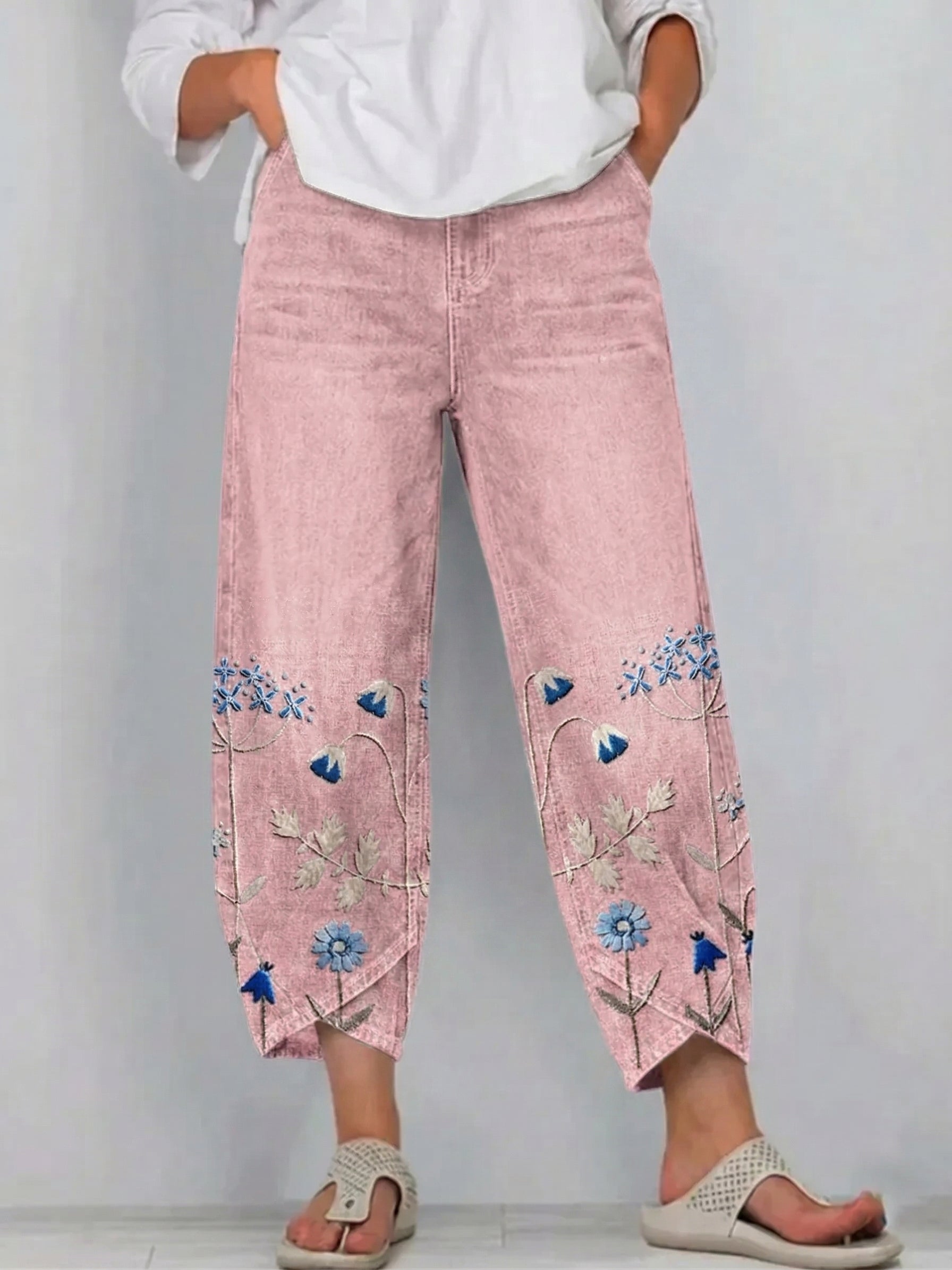 Fiorixa - Dames denim broek met borduurwerk in casual rechte snit