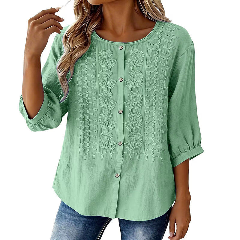 Sorivelle - Geborduurd damesblouse van katoen en linnen met 3/4 mouwen