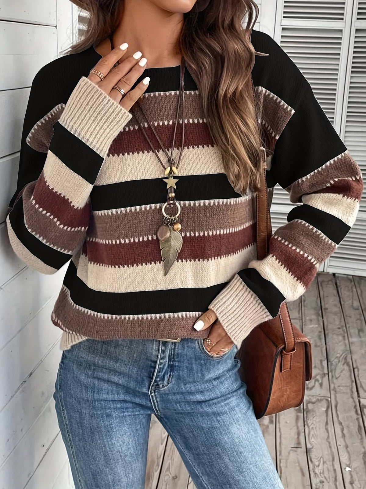 Lucette - Dames gestreepte trui van breiwerk met lange mouwen