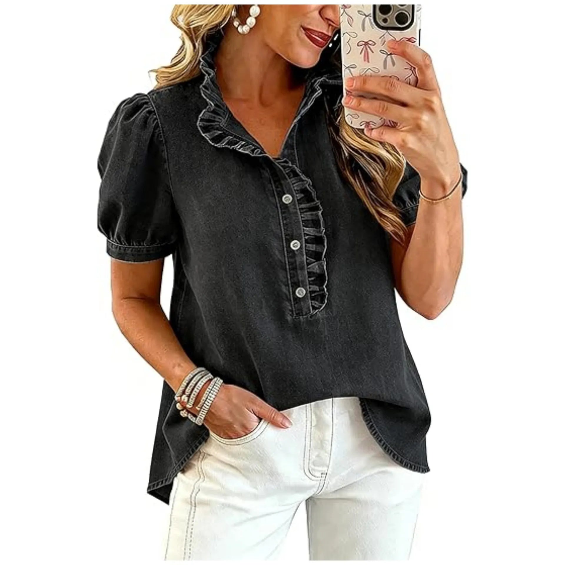 Caelith - Dames denim top met volantkraag