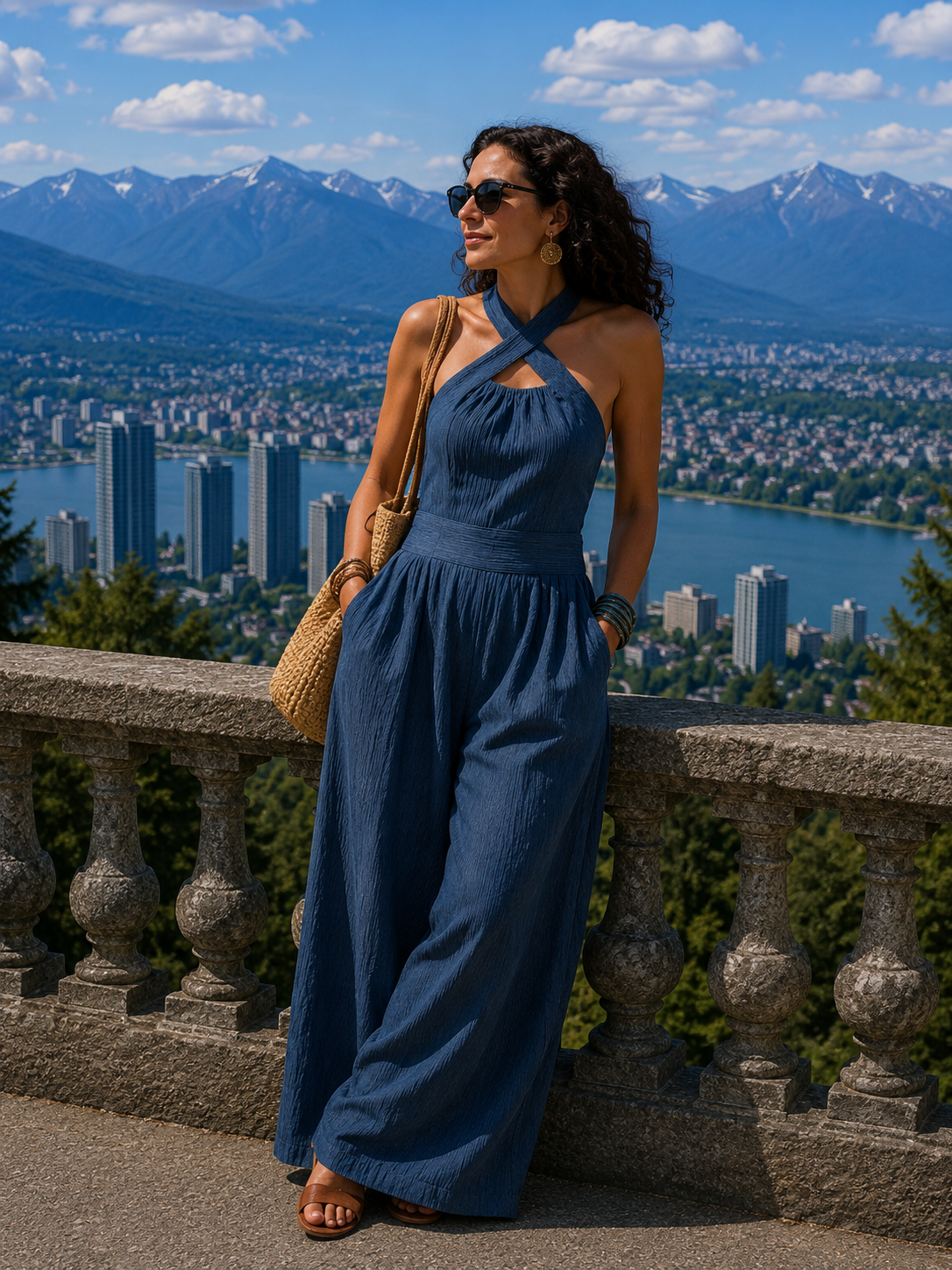 Fiorenzae - Vrouwelijke jumpsuit met vloeiende stof, kruislijf en elegante wijde benen