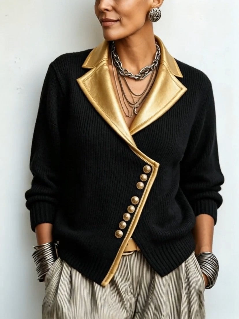 Djoeke - Dames cardigan van ribstof met sjaalkraag en metallic details