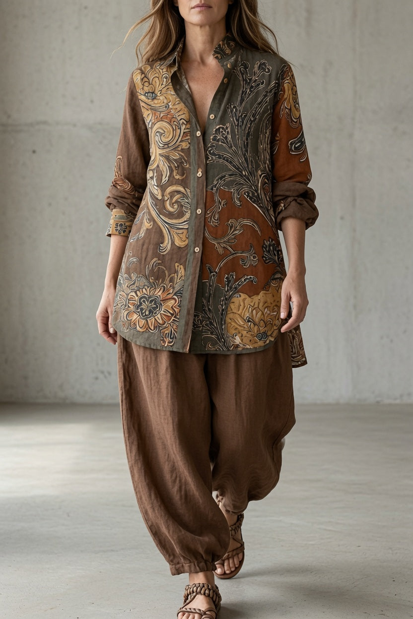 Keira - Vintage dames set met bedrukte blouse en soepelvallende broek