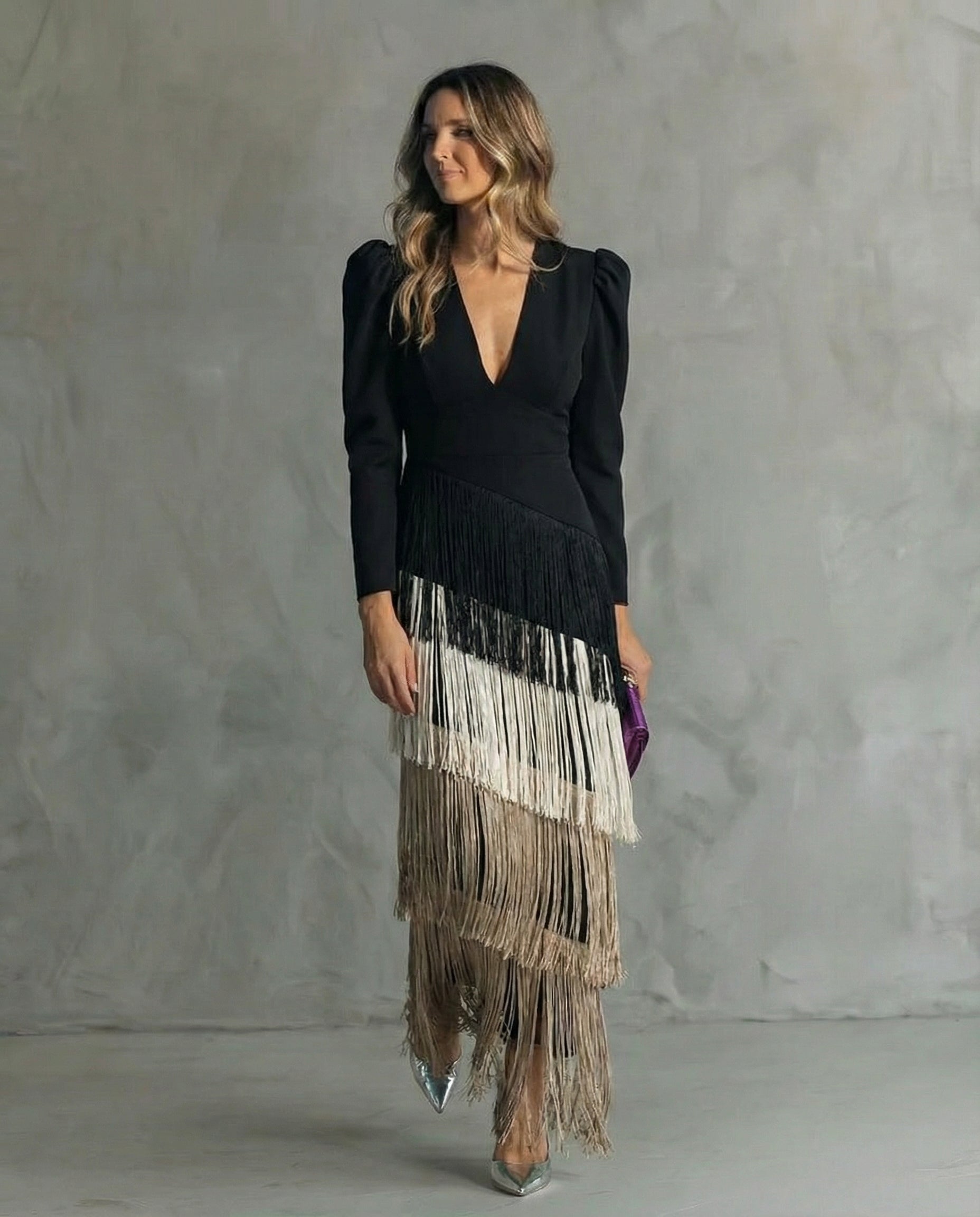 Brigitte - Elegante Midi Jurk voor Vrouwen met Franjes en V-Hals Lange Mouwen