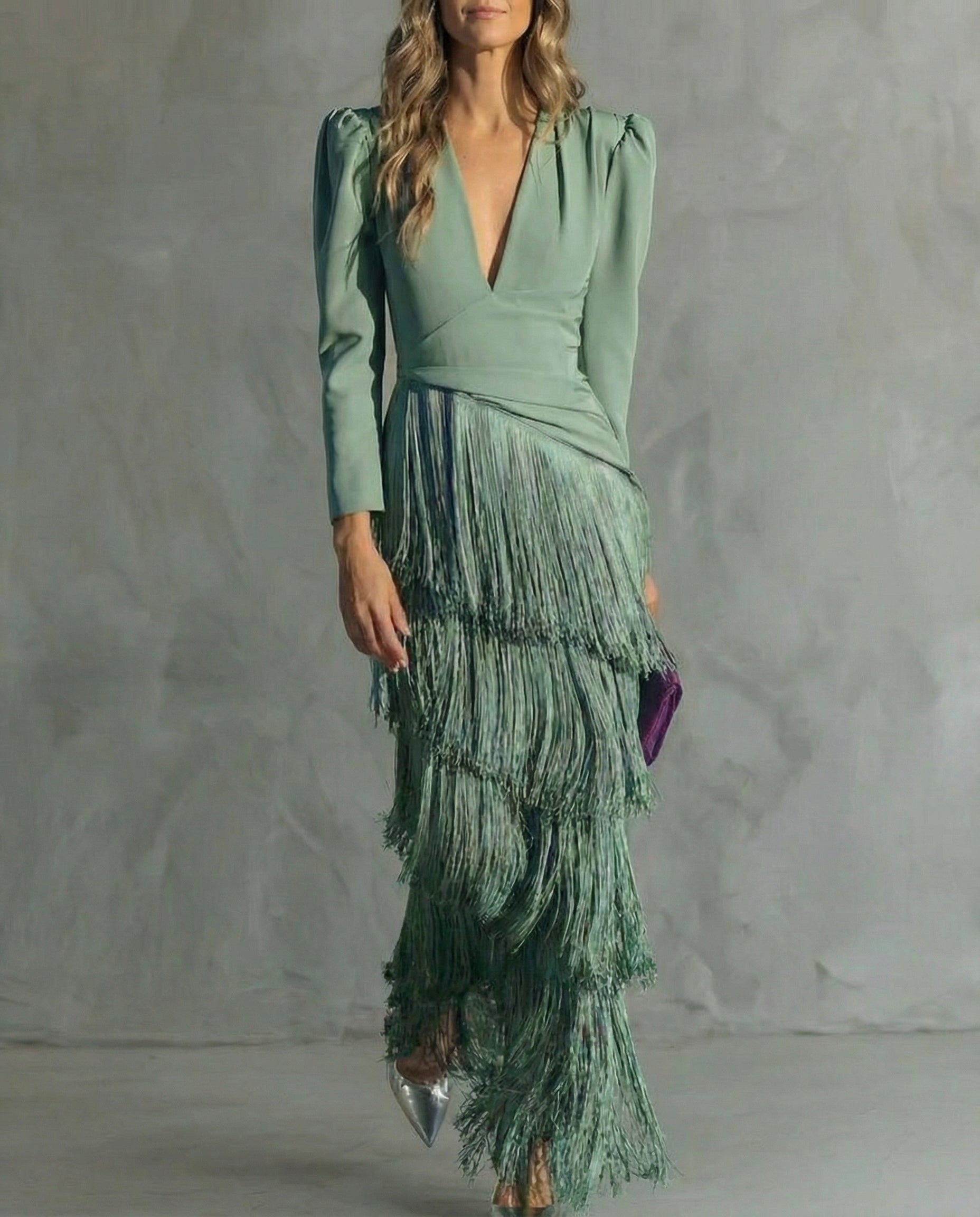 Brigitte - Elegante Midi Jurk voor Vrouwen met Franjes en V-Hals Lange Mouwen