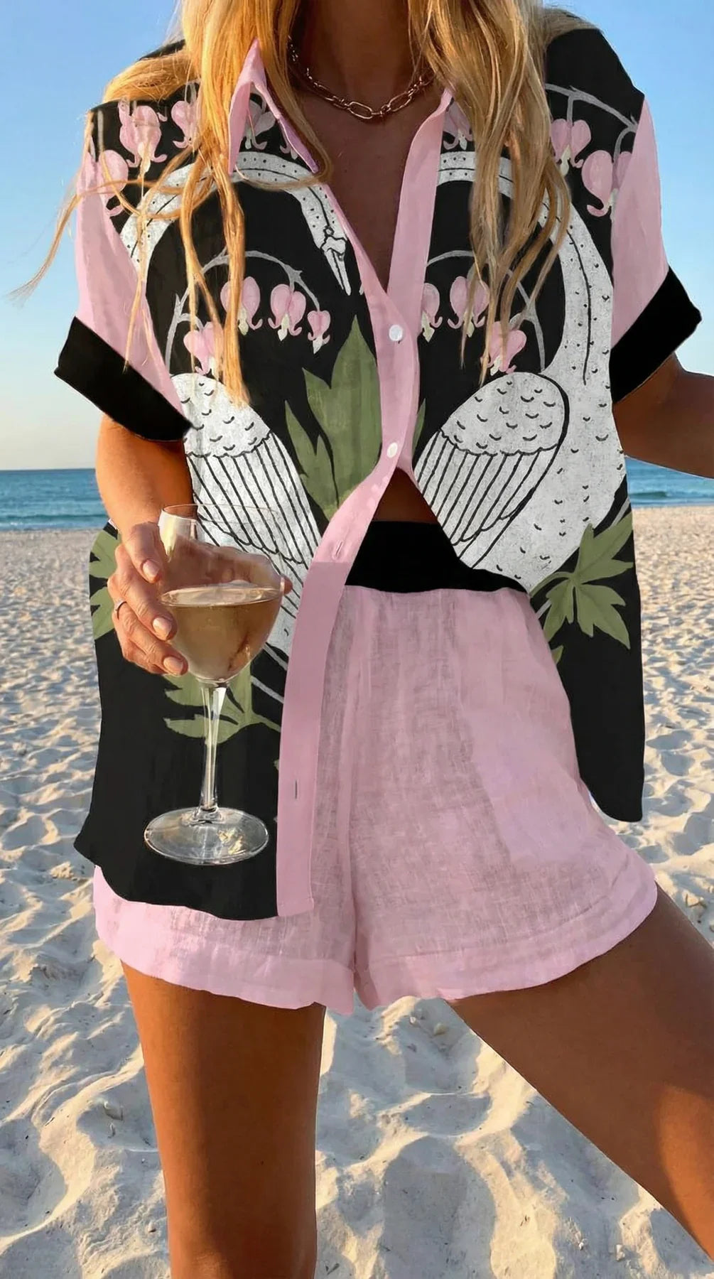 Faselyra - Dames set met shirt en korte broek met vissenprint in bohemian strandstijl