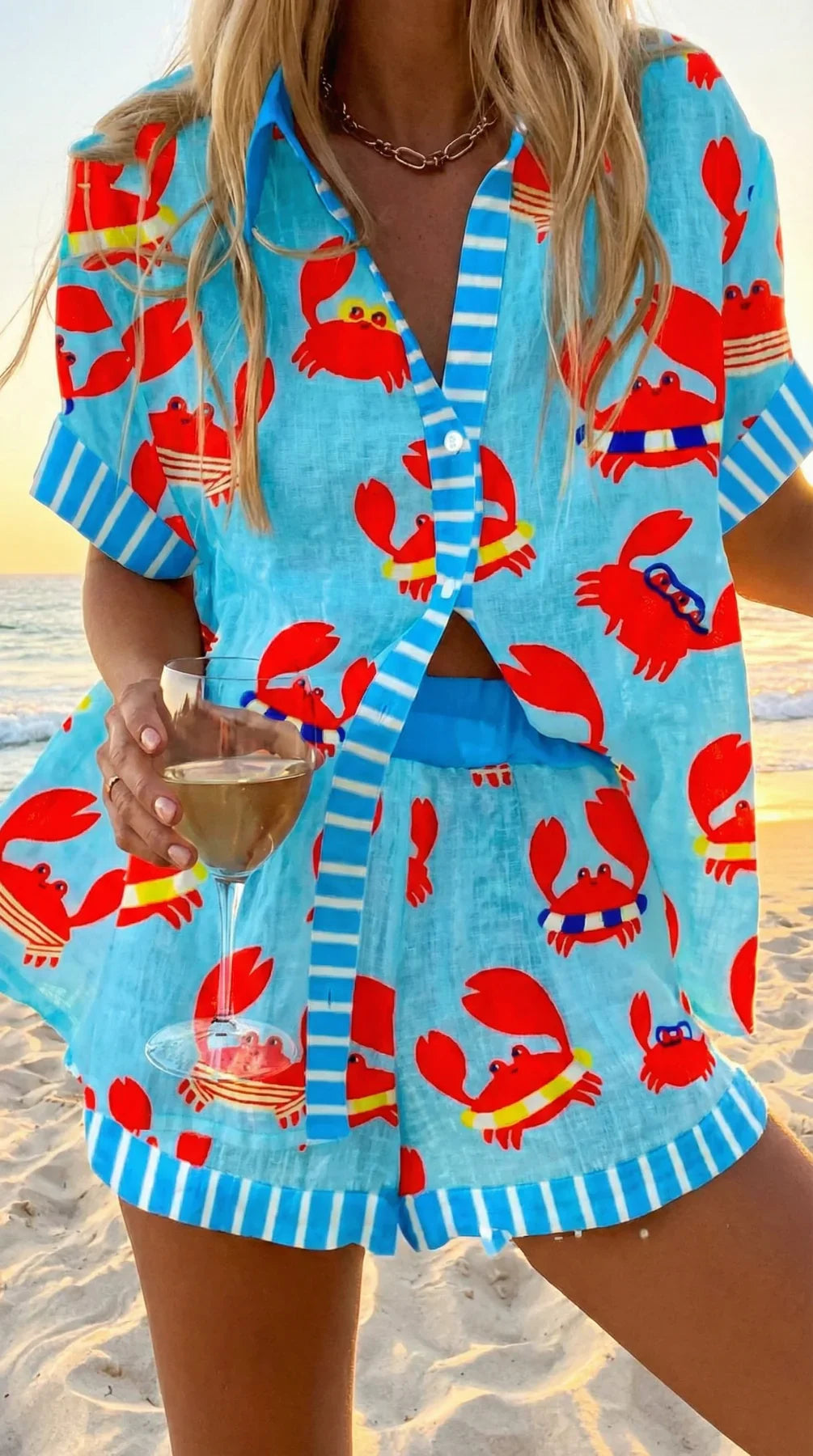 Faselyra - Dames set met shirt en korte broek met vissenprint in bohemian strandstijl