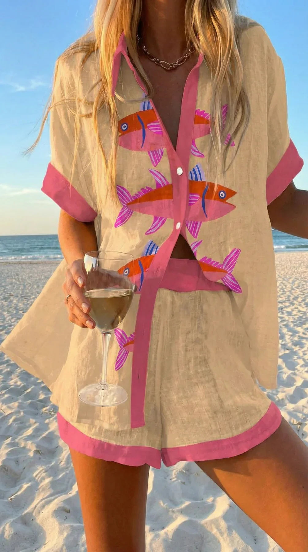 Faselyra - Dames set met shirt en korte broek met vissenprint in bohemian strandstijl