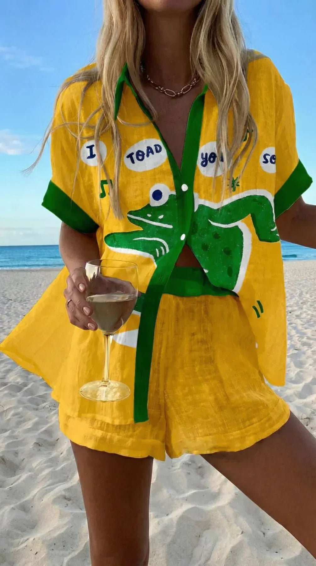 Faselyra - Dames set met shirt en korte broek met vissenprint in bohemian strandstijl