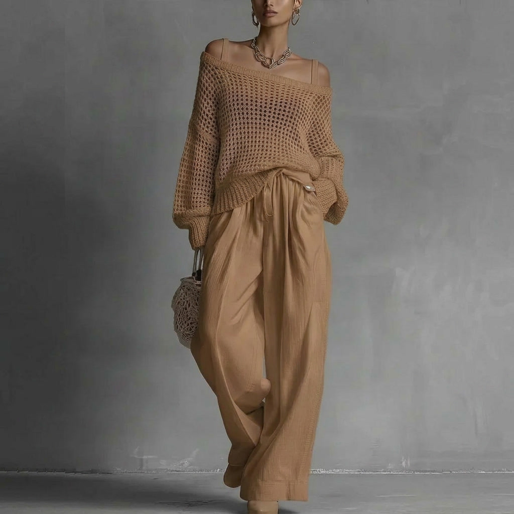 Cleora - Vrouwen tweedelig ensemble met opengewerkt truitje en brede broek