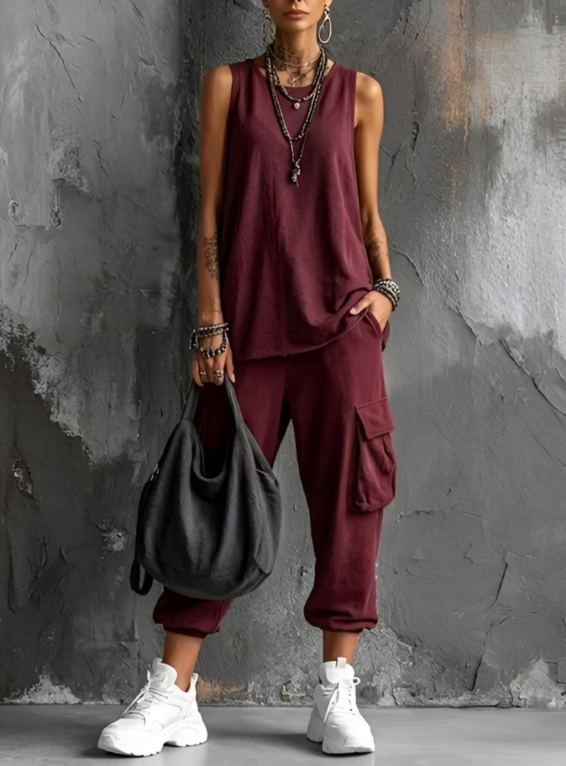 Fiorissa - Urban chic damesoutfit met mouwloos top en cargo broek