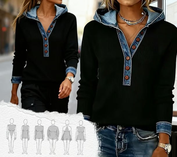 Kalivara - Casual Hoodie met Denim Details