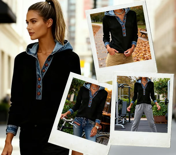 Kalivara - Casual Hoodie met Denim Details