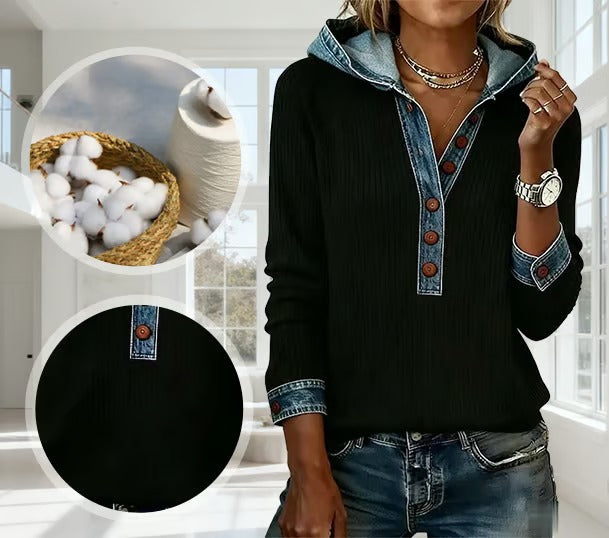 Kalivara - Casual Hoodie met Denim Details