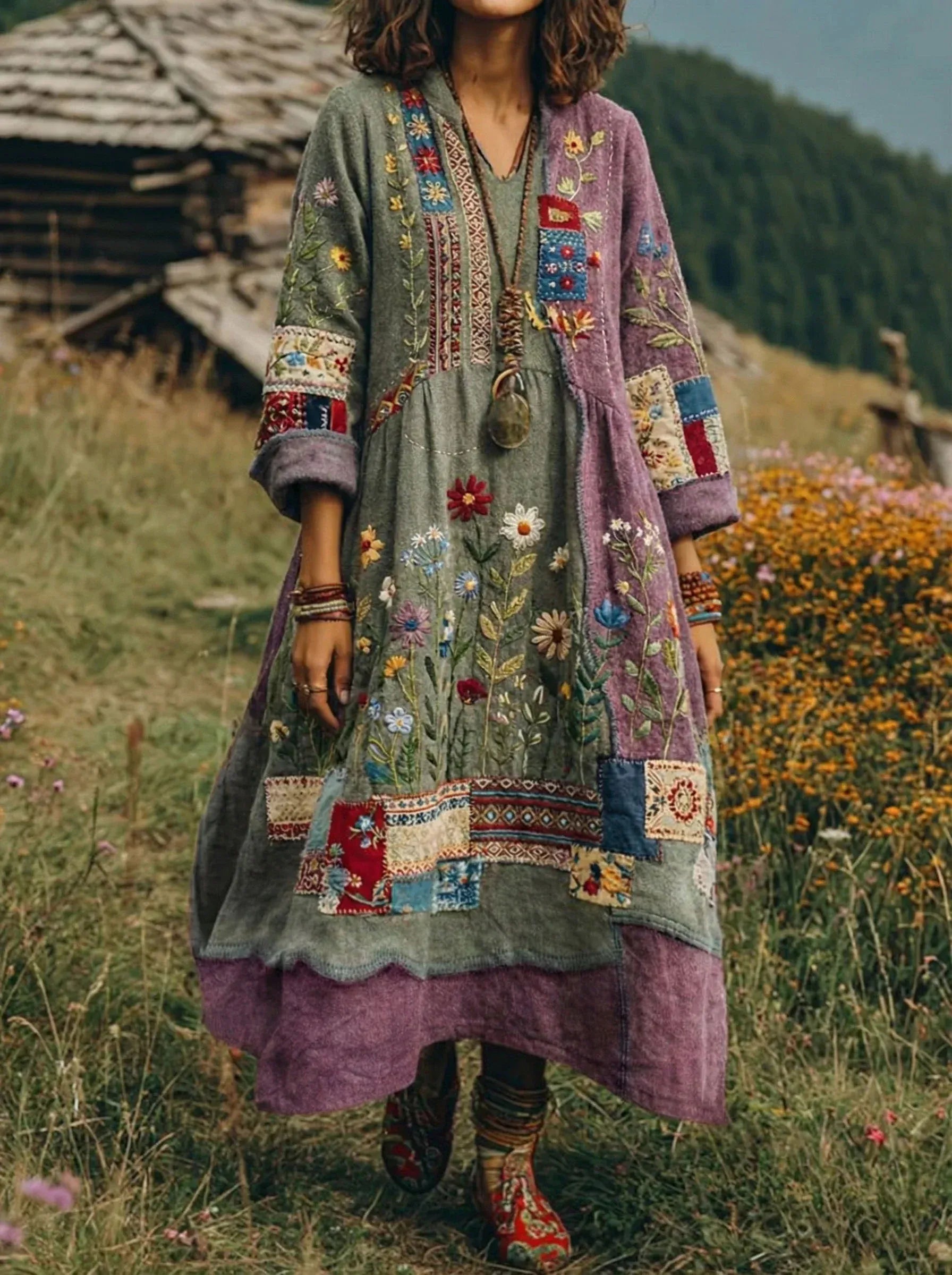 Loxira - Dames Jurk Boho Patchwork Geborduurd Etnische Elegante Stijl
