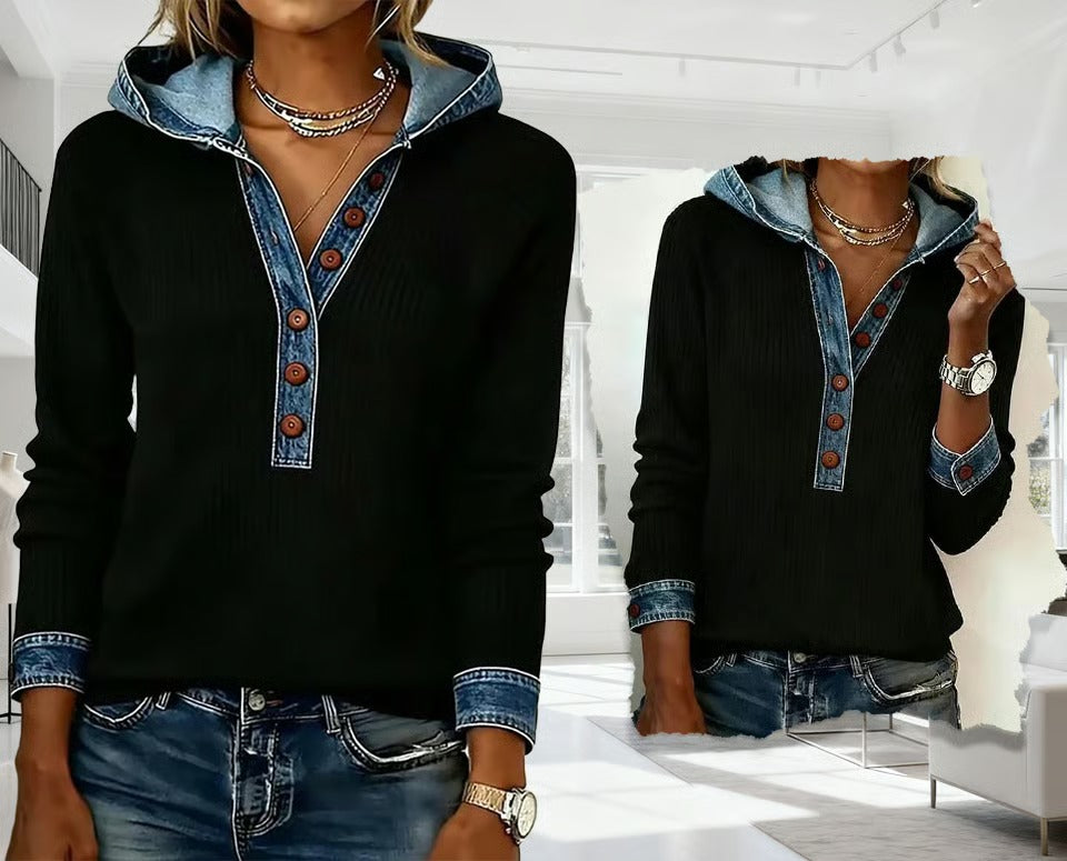 Kalivara - Casual Hoodie met Denim Details