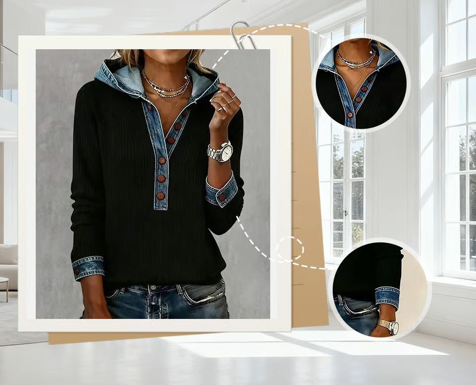Kalivara - Casual Hoodie met Denim Details