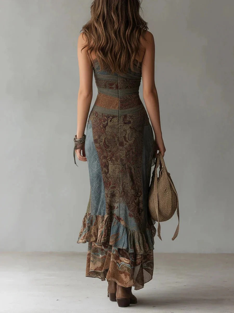 Norexa - Lange Asymmetrische Jurk Etnische Print Elegante Split