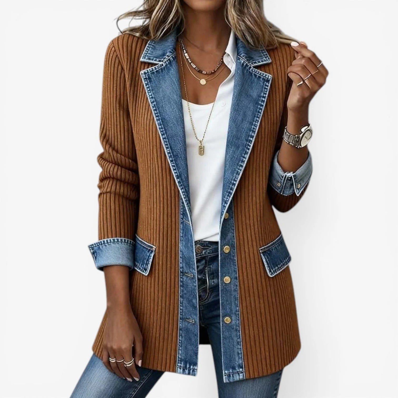 Tirexa - Dames Jas Denimstijl Gemengde Stof Gelaagd Effect Moderne Look