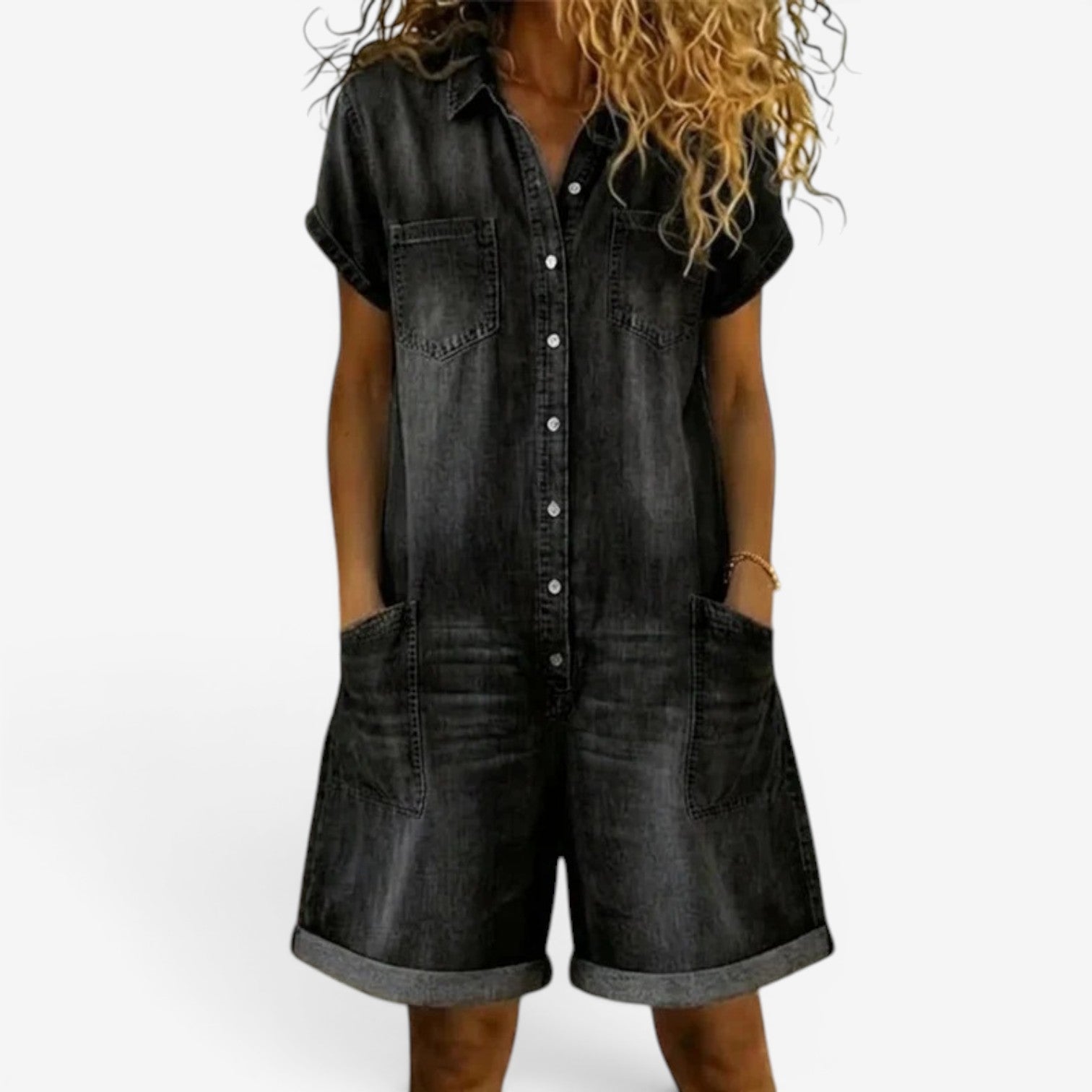 Rovellea - Korte denim jumpsuit voor vrouwen met knopen casual zomer