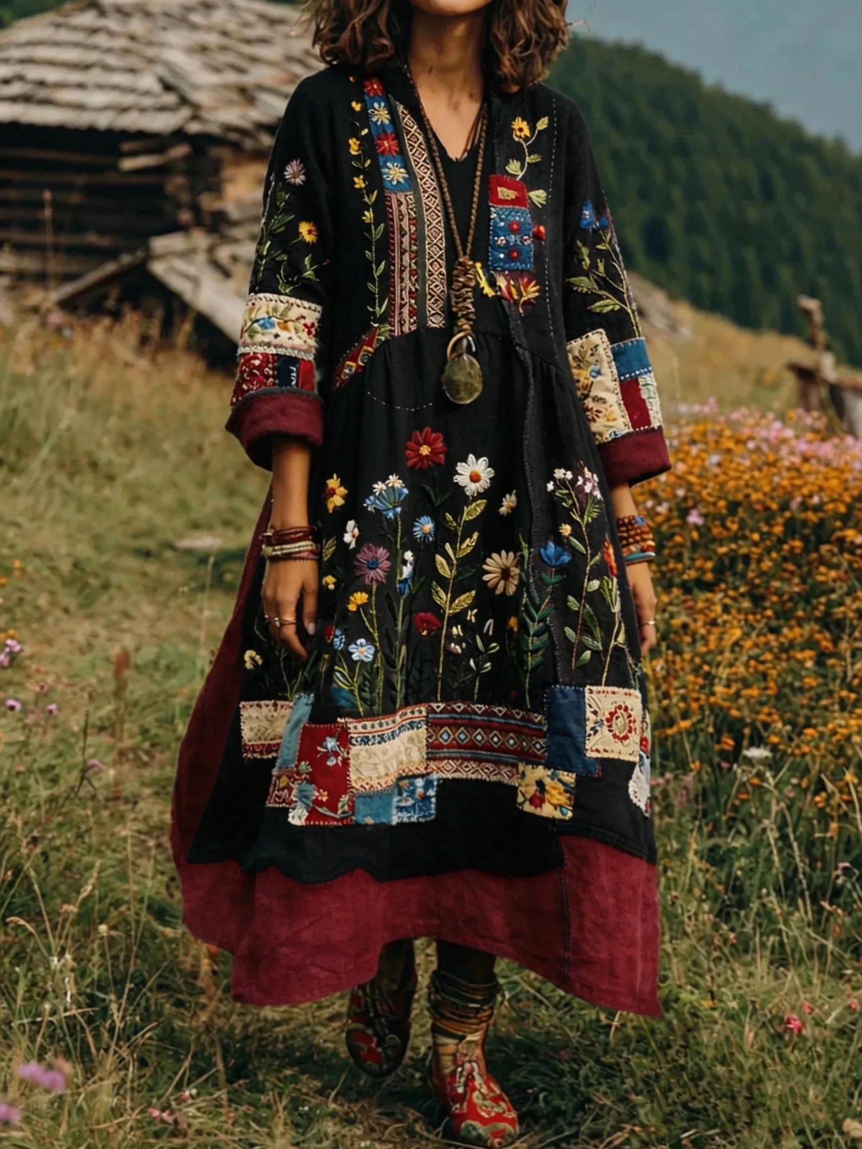 Loxira - Dames Jurk Boho Patchwork Geborduurd Etnische Elegante Stijl