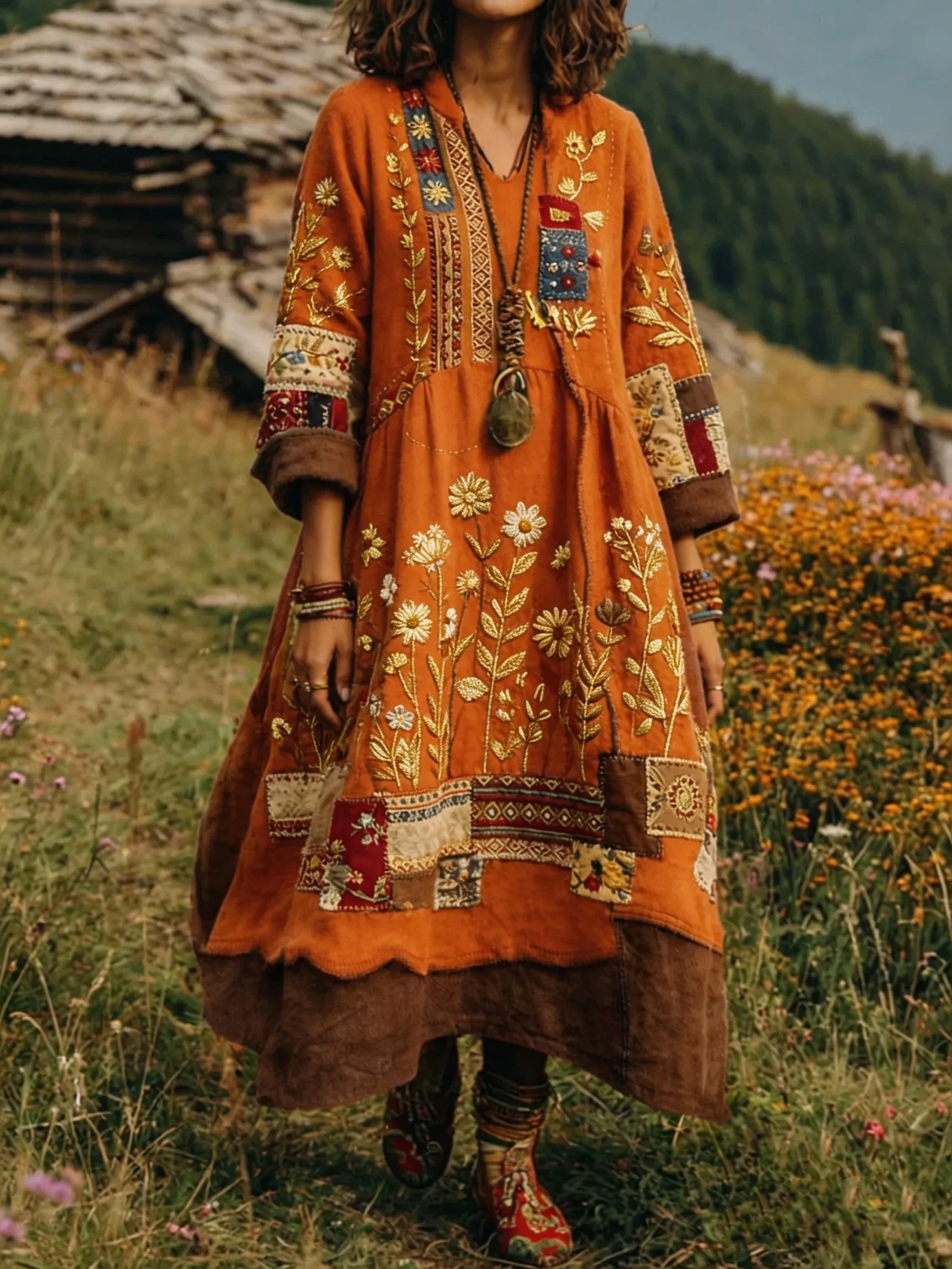 Loxira - Dames Jurk Boho Patchwork Geborduurd Etnische Elegante Stijl