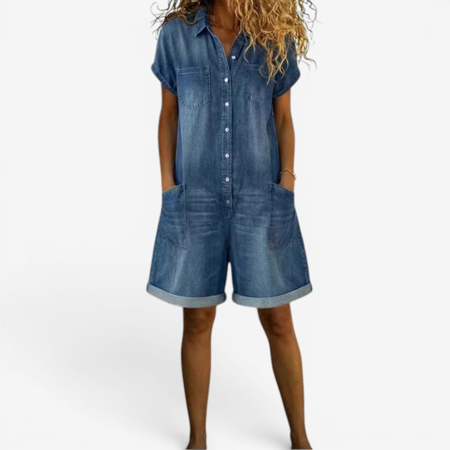 Rovellea - Korte denim jumpsuit voor vrouwen met knopen casual zomer