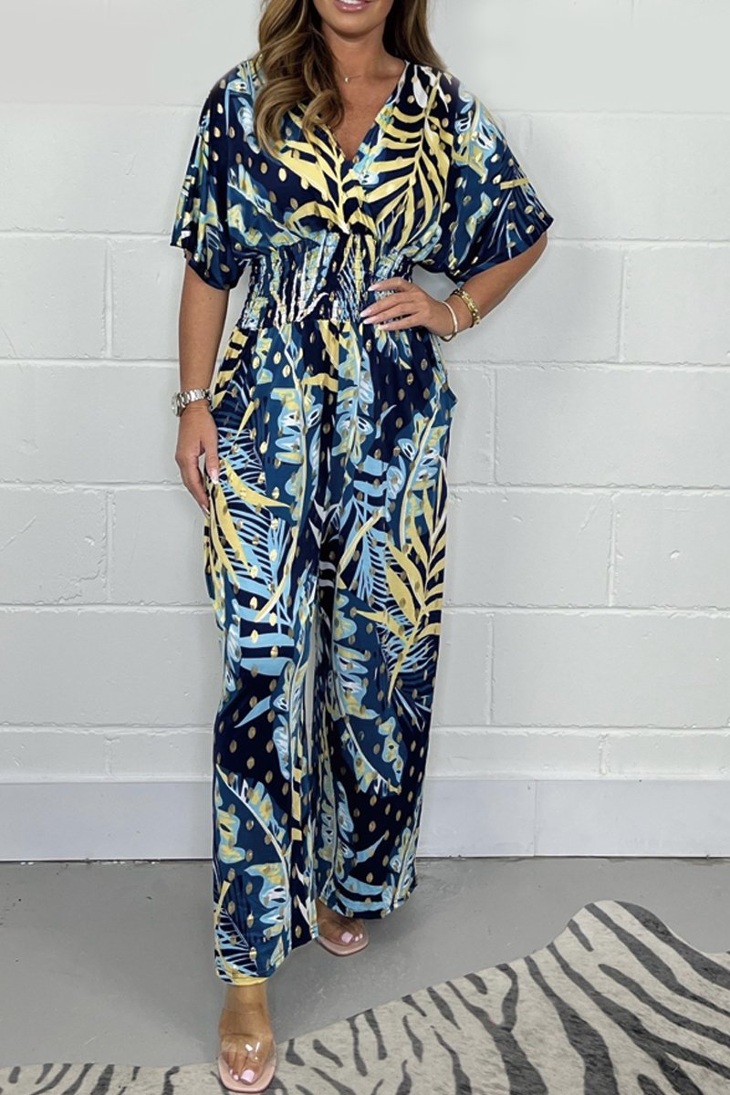 Lucia - Vrouwelijke tropische jumpsuit met korte mouwen en V-hals
