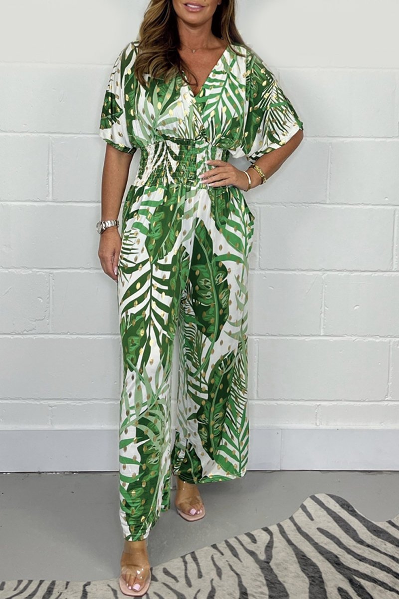 Lucia - Vrouwelijke tropische jumpsuit met korte mouwen en V-hals