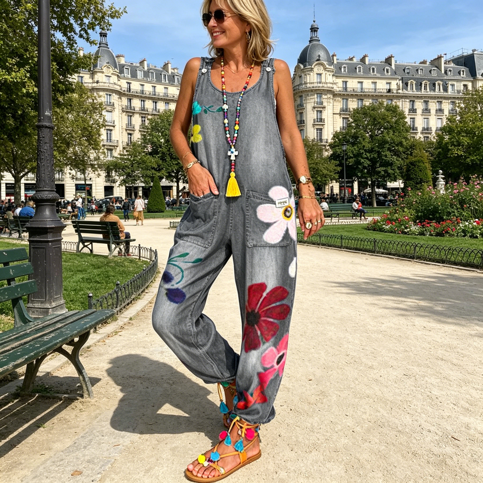 Jovalythra - Casual Denim Bloemen Overall met Ruime Pasvorm voor Dames