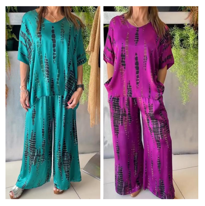 Iria - Casual satijnen set met ronde hals