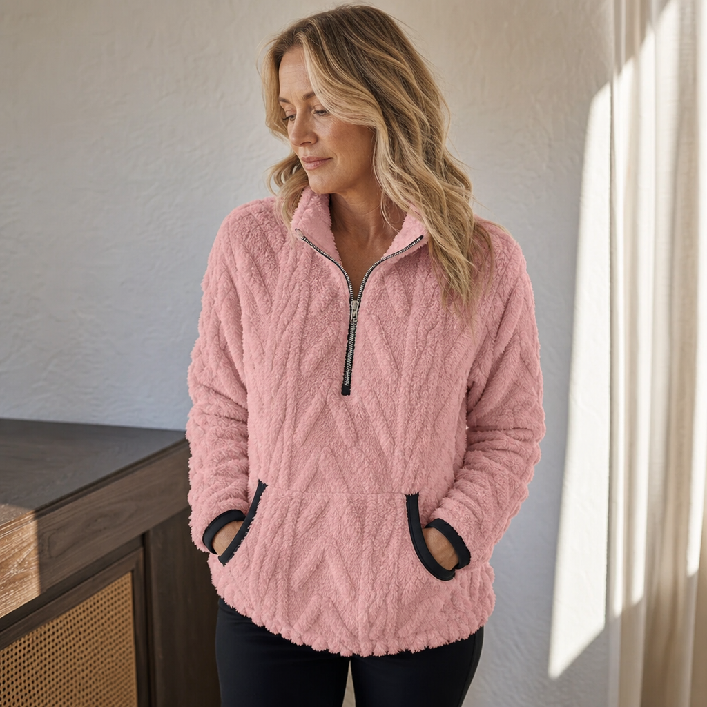 Rinske - Dames fleece trui met halve rits en kangoeroezak