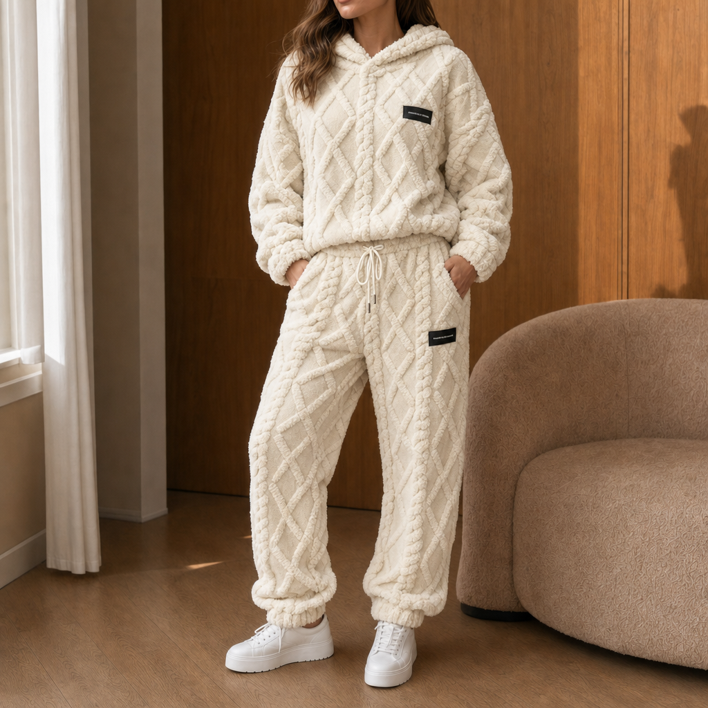 Catrien - Cocooning damesoutfit van fleece met capuchontrui en broek