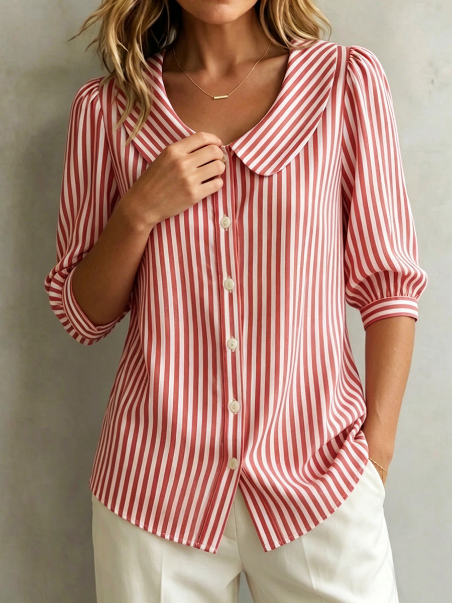 Halyssa - Dames blouse gestreept met kraag en knopen, 3/4 mouwen