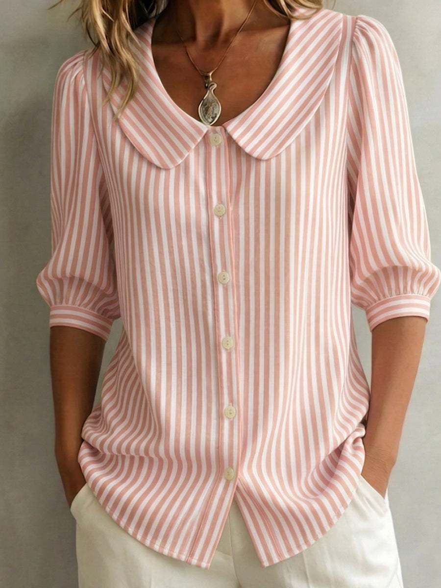 Halyssa - Dames blouse gestreept met kraag en knopen, 3/4 mouwen