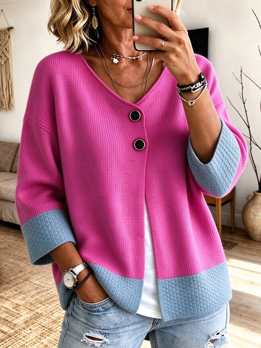 Geerke - Dames bicolor gebreide cardigan met V-hals en decoratieve knopen