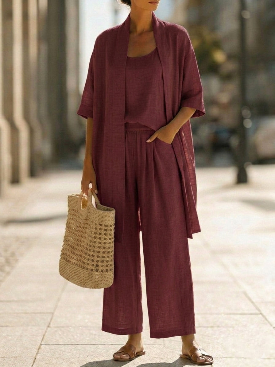 Faevina - Licht damesensemble met kimono, top en broek