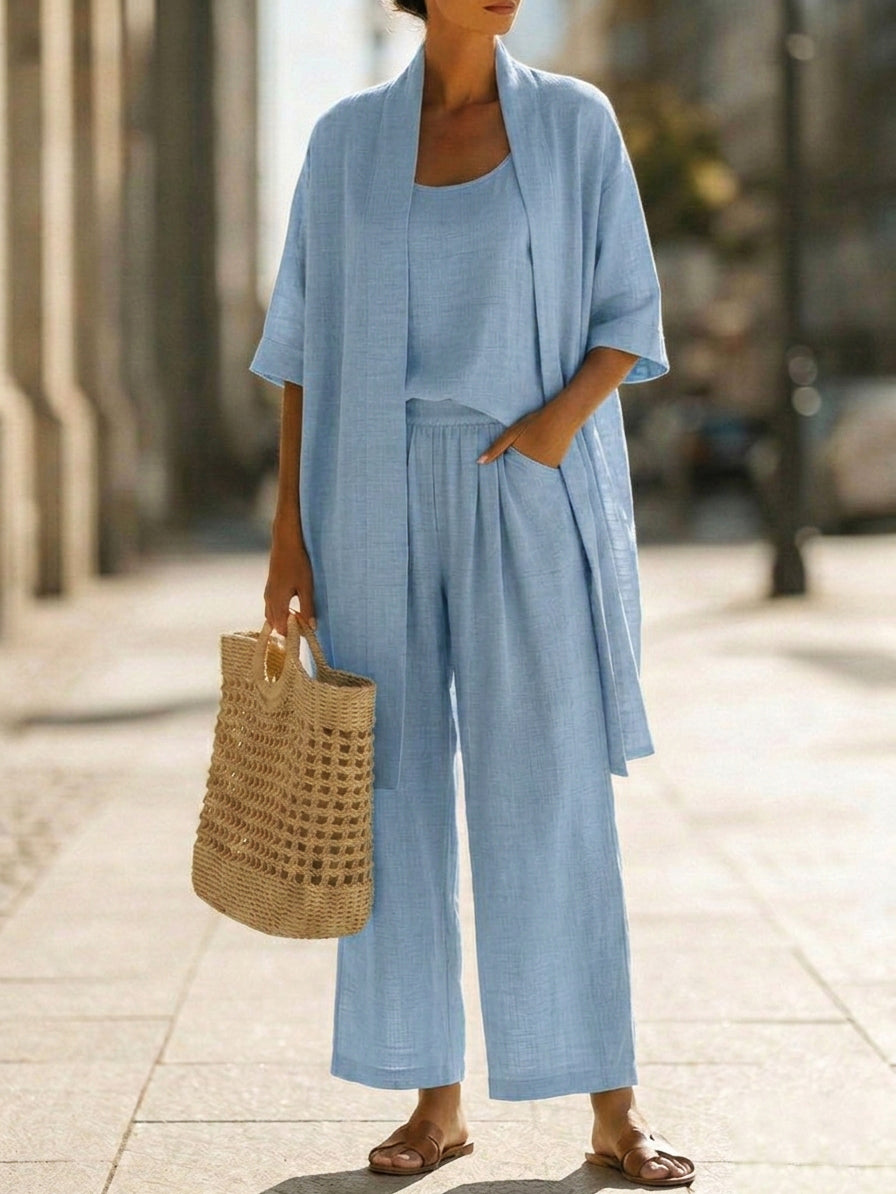 Faevina - Licht damesensemble met kimono, top en broek
