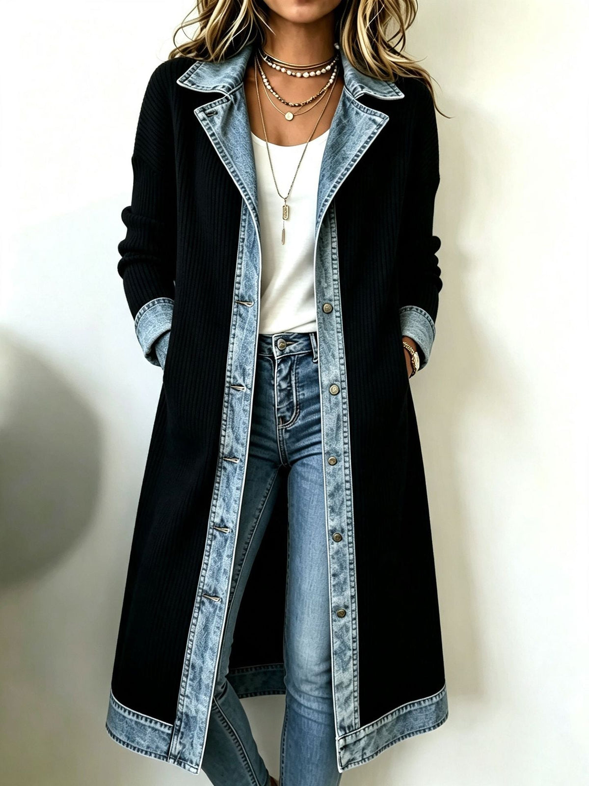 Béryl - Lange cardigan voor dames in ribbrei met denimafwerking