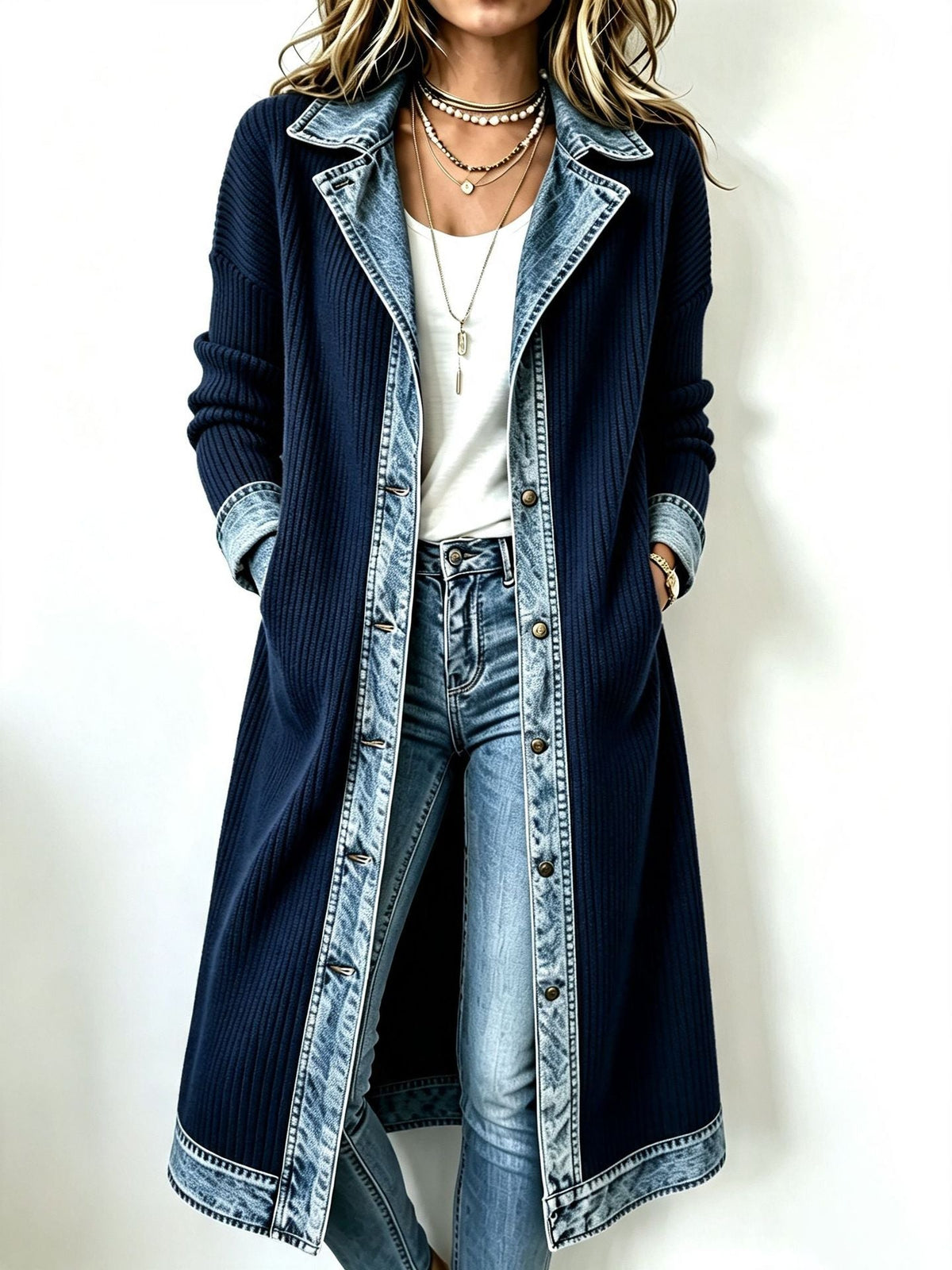 Béryl - Lange cardigan voor dames in ribbrei met denimafwerking