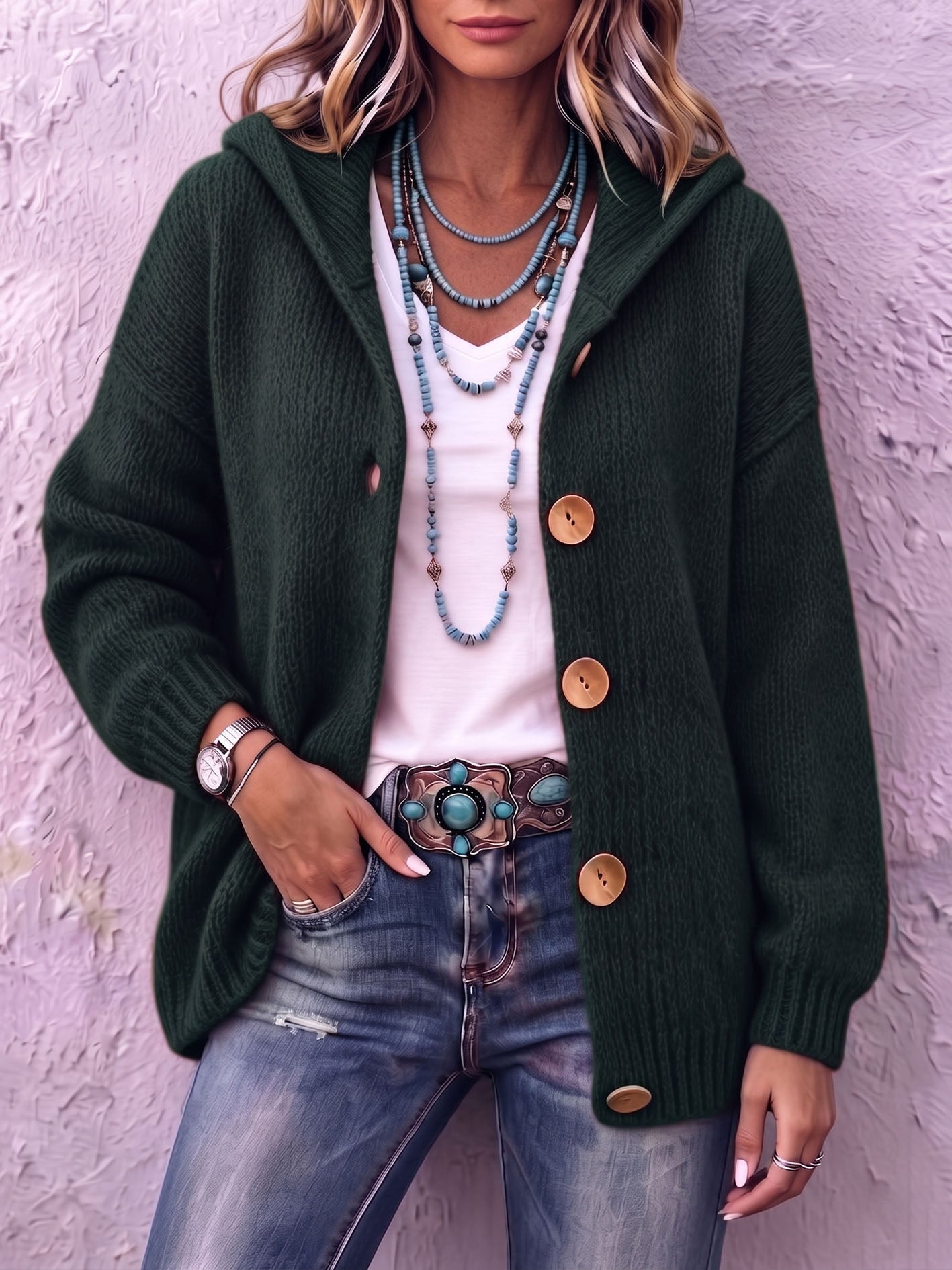 Ingrid - Dames cardigan van gebreid materiaal met capuchon en knopen