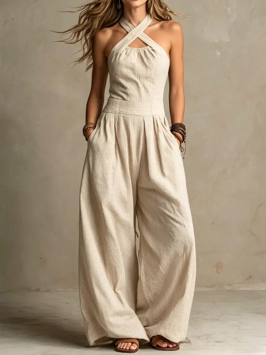Fiorenzae - Vrouwelijke jumpsuit met vloeiende stof, kruislijf en elegante wijde benen