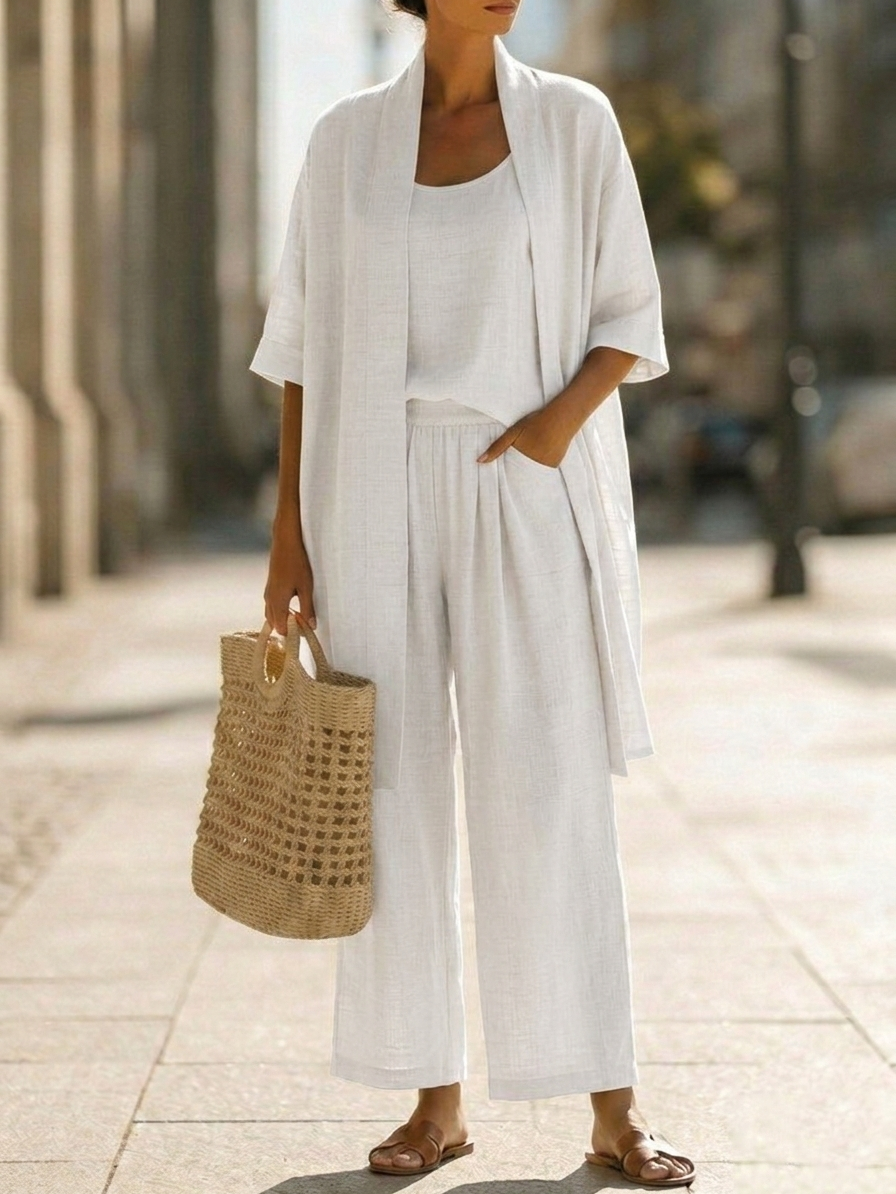 Faevina - Licht damesensemble met kimono, top en broek