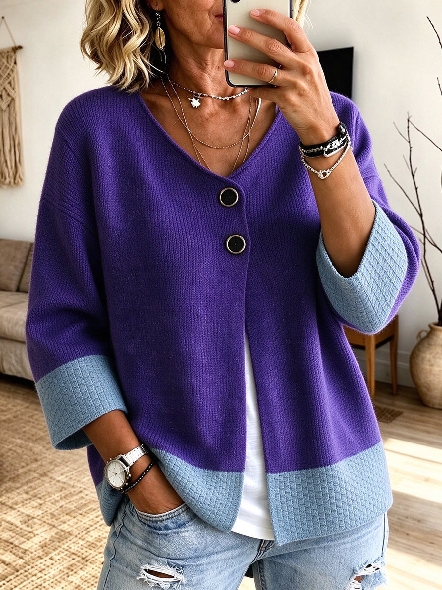 Geerke - Dames bicolor gebreide cardigan met V-hals en decoratieve knopen